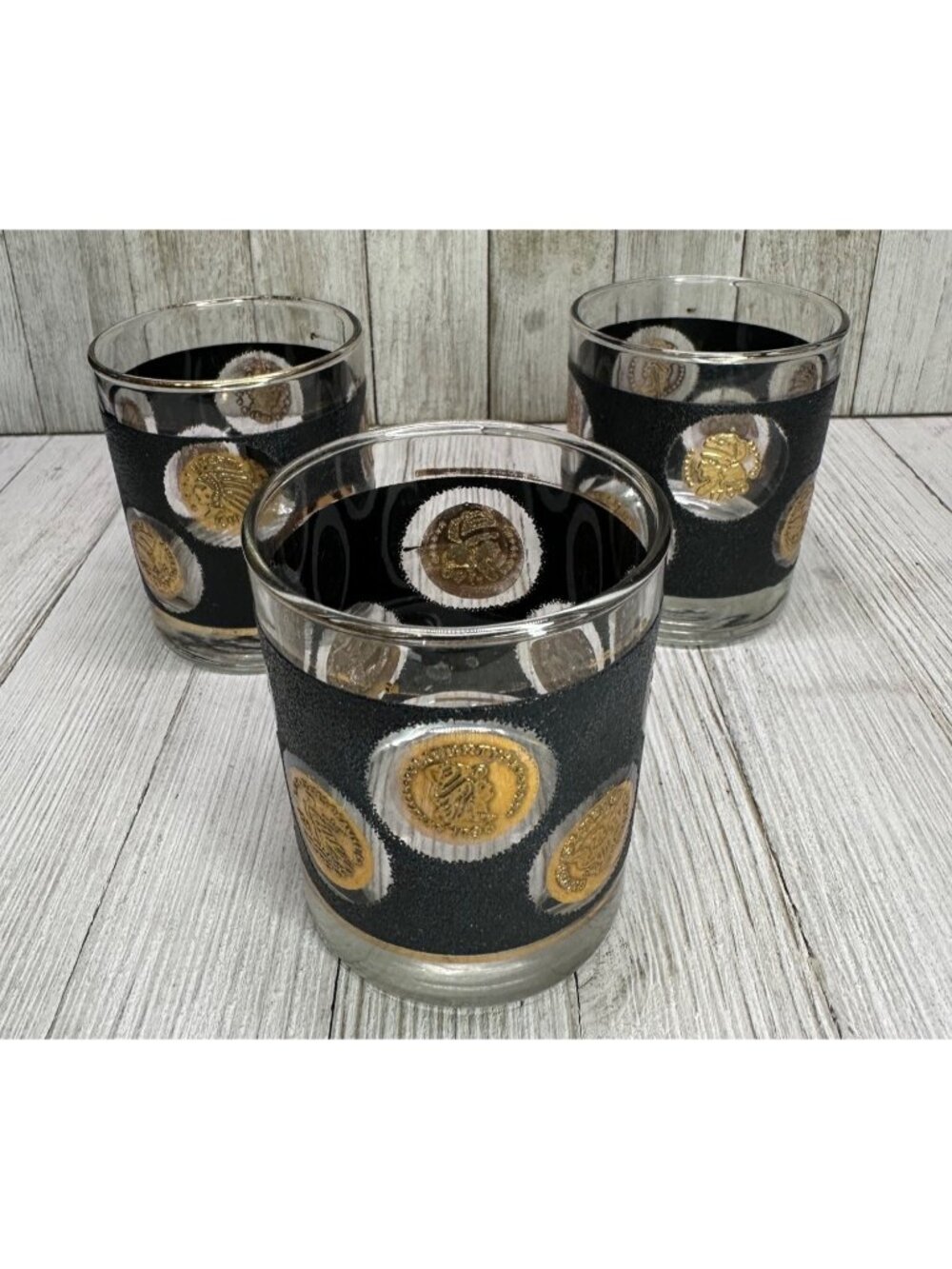 Vtg Libbey Gold Coin Lowball Whiskey Glasses Old Fashion Barware 3.5" T Set of 3